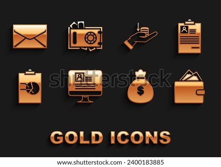 Set Computer monitor with resume, Clipboard, Wallet stacks paper money cash, Money bag, graph chart, hand, Envelope and Safe icon. Vector