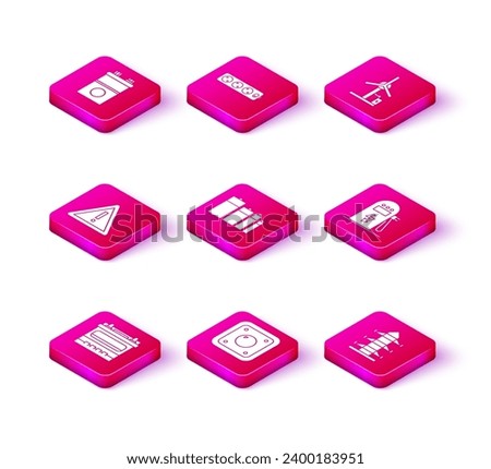 Set Car battery, Electric light switch, Exclamation mark in triangle, Battery, High voltage power pole line, car charging station, Wind turbine and extension cord icon. Vector