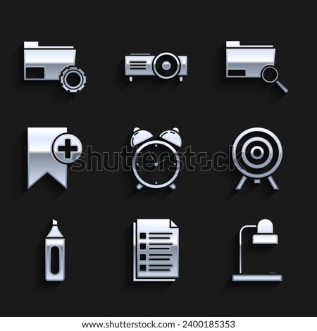 Set Alarm clock, File document, Table lamp, Target, Marker pen, Bookmark, Search concept with folder and Folder settings gears icon. Vector