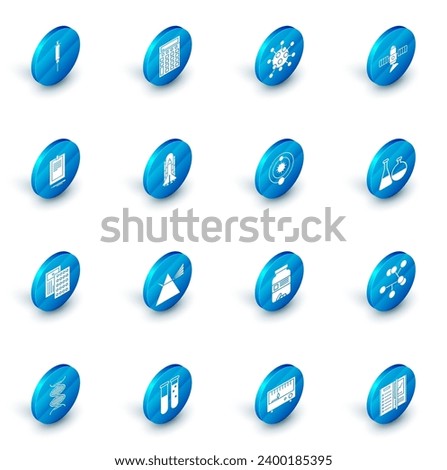 Set Calculator, Bacteria, Satellite, Clipboard with document, Pills in blister pack, Space shuttle and rockets, Test tube flask chemical laboratory and Solar system icon. Vector