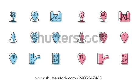 Set line Cafe and restaurant location, Road traffic sign, Traffic light, City map navigation, Helicopter landing pad, Unknown route point, Location with person and house icon. Vector