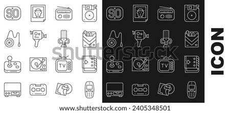 Set line Old mobile phone, Sound mixer controller, Cigarettes pack box, Radio with antenna, Retro cinema camera, Yoyo toy, 90s and Microphone icon. Vector