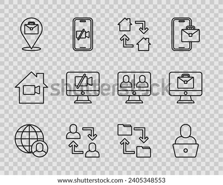 Set line Freelancer, Online working, Project team base, Video camera Off on computer, Cloud storage document folder and  icon. Vector