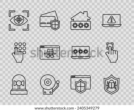 Set line Flasher siren, System bug, House with password, Ringing alarm bell, Eye scan, Browser incognito window, shield and Fingerprint icon. Vector