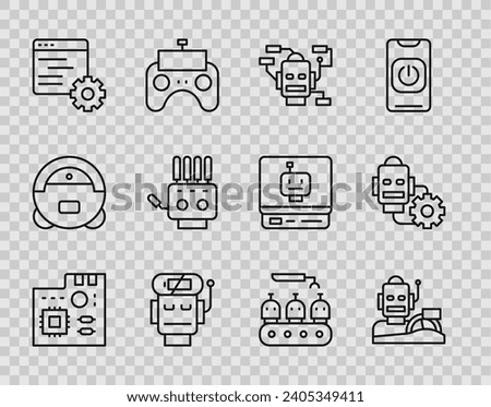 Set line Motherboard digital chip, Robot humanoid driving car, low battery charge, Computer api interface, Mechanical robot hand, Industrial production of robots and setting icon. Vector