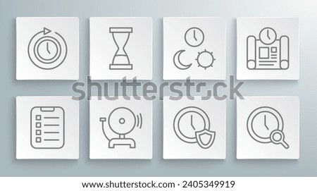 Set line To do list or planning, Old hourglass with sand, Ringing alarm bell, Clock shield, Magnifying clock, Day night time, Project and arrow icon. Vector