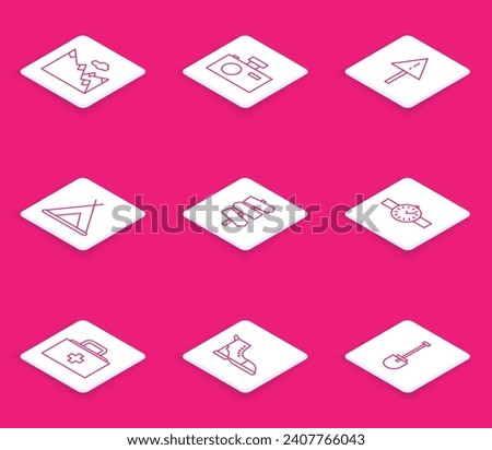 Set line Mountains, Photo camera, Exclamation mark triangle, Tourist tent, Road traffic signpost, Wrist watch, First aid kit and Hiking boot icon. Vector