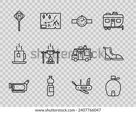 Set line Cinema camera, Canteen water bottle, Wrist watch, Bottle of, Parking, Campfire and pot, Swiss army knife and Hiking boot icon. Vector