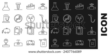 Set line Canister for motor oil, Oil rig with fire, Gasoline pump nozzle, tanker ship, No Smoking, Petrol gas station, petrol test tube and Bio fuel icon. Vector