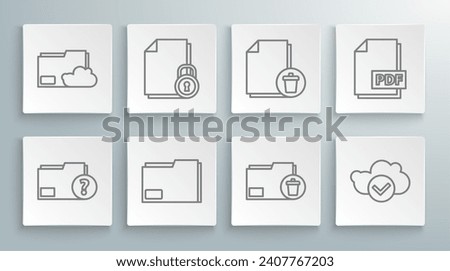 Set line Unknown document folder, Document and lock, Delete, Cloud with check mark, file, PDF and storage text icon. Vector