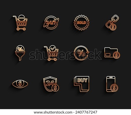 Set line Eye with dollar, Shield, Remove shopping cart, Buy button, Smartphone, Shopping check mark, Envelope coin and Discount percent tag icon. Vector
