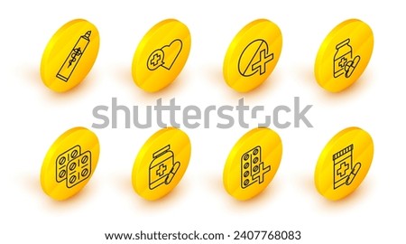 Set line Medicine bottle and pills, Pills blister pack, or tablet, Heart with cross and Ointment cream tube medicine icon. Vector