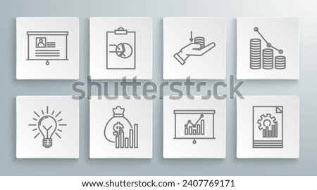 Set line Light bulb with rays shine and concept of idea, Clipboard graph chart, Money bag diagram, Board, Document, hand, Pie infographic coin and resume icon. Vector