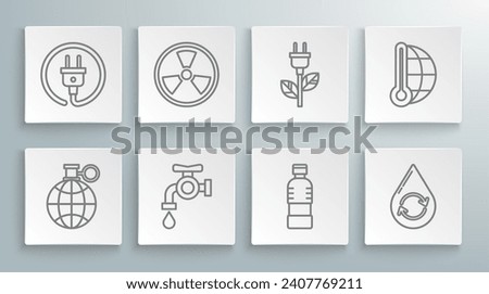 Set line Planet earth and a recycling, Radioactive, Water tap, Bottle of water, Recycle clean aqua, Electric saving plug leaf, Meteorology thermometer measuring and  icon. Vector