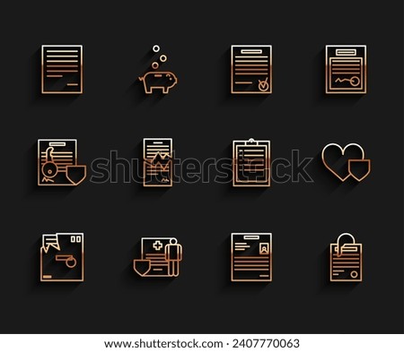 Set line Ordered envelope, Medical clipboard with clinical record, Document, Personal document, File and paper, Torn contract, Heart shield and Clipboard checklist icon. Vector