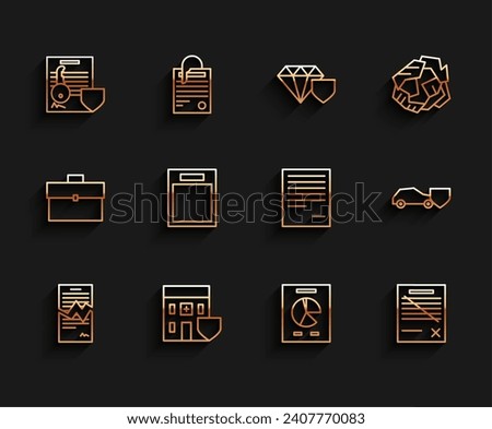Set line Torn contract, Medical hospital building with shield, Document key, graph chart, Delete file document, Empty form, Car and  icon. Vector