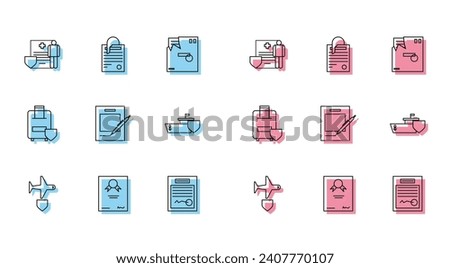 Set line Plane with shield, Certificate template, Medical clipboard clinical record, Filled form, Blank notebook and pen, Ship, Traveling baggage insurance and File document paper icon. Vector
