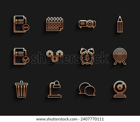 Set line Trash can, Table lamp, Document with minus, Speech bubble chat, Web camera, Gear, Target and Alarm clock dollar symbol icon. Vector