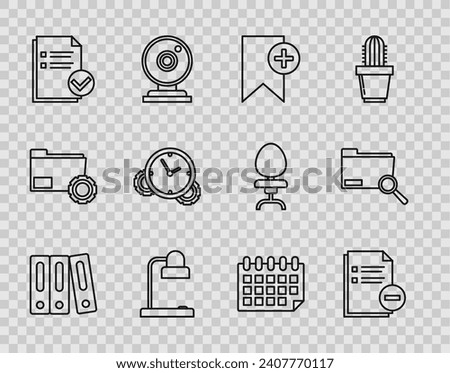 Set line Office folders with papers and documents, Document minus, Bookmark, Table lamp, check, Time Management, Calendar and Search concept icon. Vector