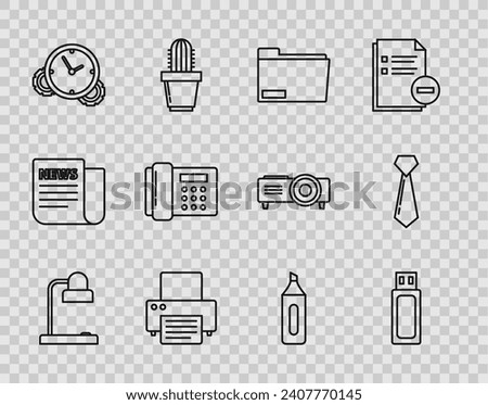 Set line Table lamp, USB flash drive, Document folder, Printer, Time Management, Telephone, Marker pen and Tie icon. Vector