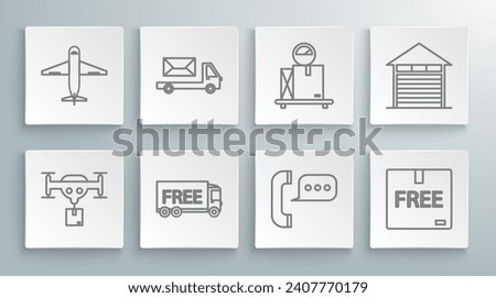 Set line Delivery drone with the package, Post truck, Free delivery service, Telephone speech bubble chat, Cardboard box free symbol, Scale cardboard, Closed warehouse and Plane icon. Vector