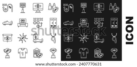 Set line Award cup and American football ball, basketball team or workers, on tv program, stand, Soccer shoes with spikes, Planning strategy concept and  icon. Vector