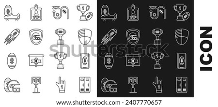 Set line Locker or changing room for football, Football club logo template, Planning strategy concept, American helmet and shield, Soccer shoes spikes and Award cup icon. Vector