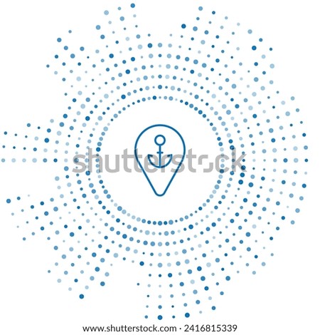 Blue line Map pointer with anchor icon isolated on white background. Abstract circle random dots. Vector