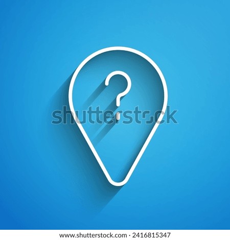 White line Unknown route point icon isolated on blue background. Navigation, pointer, location, map, gps, direction, search concept. Long shadow. Vector