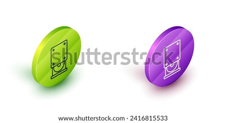 Isometric line Optical disc drive icon isolated on white background. CD DVD laptop tray drive for read and write data disc. Green and purple circle buttons. Vector