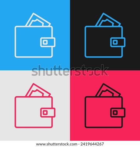 Pop art line Wallet with stacks paper money cash icon isolated on color background. Purse icon. Cash savings symbol.  Vector
