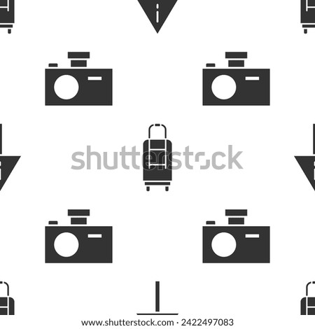Set Exclamation mark in triangle, Suitcase and Photo camera on seamless pattern. Vector
