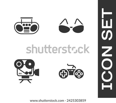Set Gamepad, Home stereo with two speakers, Retro cinema camera and Glasses icon. Vector