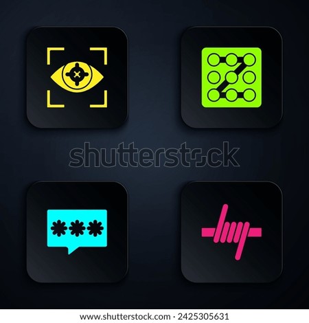 Set Barbed wire, Eye scan, Password protection and Graphic password. Black square button. Vector