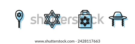 Set line Shopping bag with star of david, Balloon, Star David and Orthodox jewish hat icon. Vector