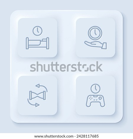 Set line Time to sleep, Clock, Old hourglass with sand and Gamepad of time. White square button. Vector