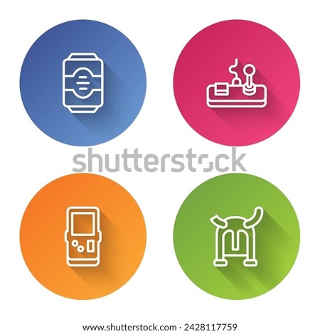 Set line Energy drink, Gamepad, Tetris and Viking horned helmet. Color circle button. Vector