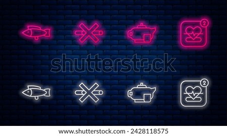 Set line No Smoking, Teapot with cup, Fish and Mobile heart rate. Glowing neon icon on brick wall. Vector