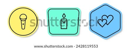 Set line Microphone, Burning candle and Heart. Colored shapes. Vector