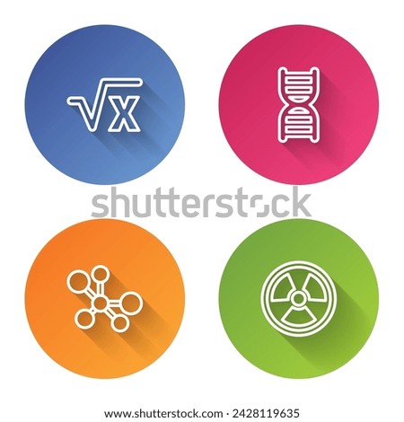 Set line Square root of x glyph, DNA symbol, Molecule and Radioactive. Color circle button. Vector