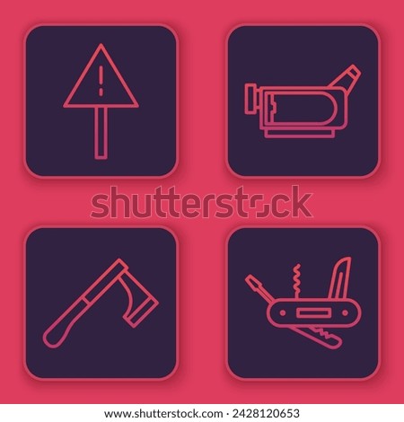 Set line Exclamation mark in triangle, Wooden axe, Cinema camera and Swiss army knife. Blue square button. Vector