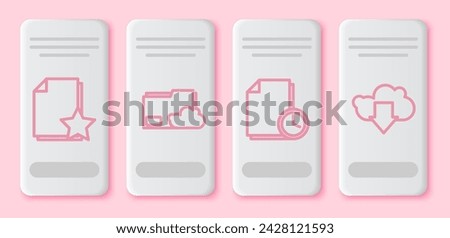 Set line Document with star, Cloud storage text document folder, Document with clock and Cloud download. White rectangle button. Vector
