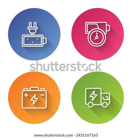 Set line Battery charge, Car battery and Electric truck. Color circle button. Vector