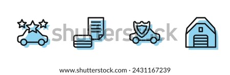 Set line Car with shield, sharing, Credit card and Garage icon. Vector