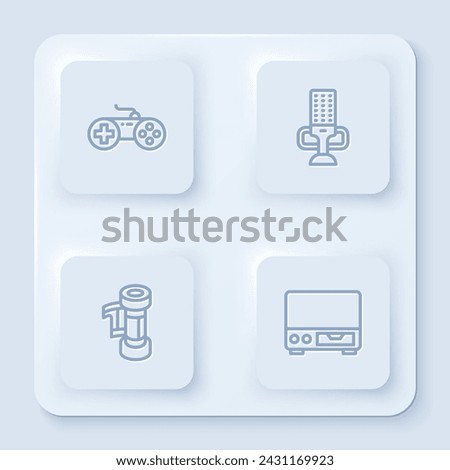Set line Gamepad, Microphone, Camera roll cartridge and Old video cassette player. White square button. Vector