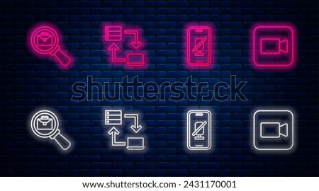 Set line Online working, Mute microphone on mobile, Magnifying glass with briefcase and Camera. Glowing neon icon on brick wall. Vector