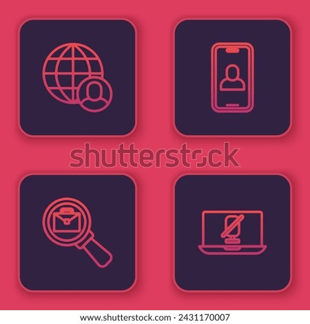 Set line Freelancer, Magnifying glass with briefcase, Video chat conference and Mute microphone laptop. Blue square button. Vector