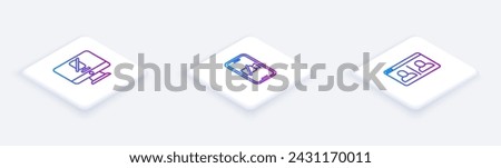 Set Isometric line Mute microphone on computer, Video camera Off mobile and chat conference. White square button. Vector