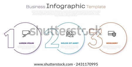 Set line Security camera, Exclamation mark in triangle and Credit card with shield. Business infographic template. Vector