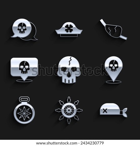 Set Skull, Ship steering wheel, Pirate bandana for head, Location pirate, Compass, eye patch and  icon. Vector